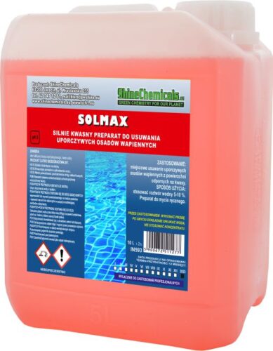 SOLMAX - Silnie kwaśny preparat do usuwania uporczywych osadów wapiennych z powierzchni odpornych na działanie kwasów. Nie stosować na baterie i stal nierdzewną. pH3 Pojemność Kod BA061-1L. 2518269 BA062-10L. 2518276