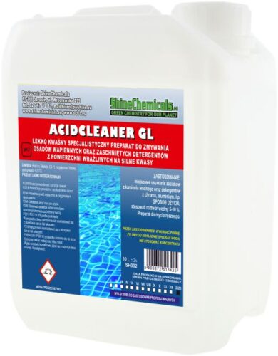 ACIDCLEANER GL - Lekko kwaśny specjalistyczny preparat do zmywania osadów wapiennych oraz zaschniętych detergentów z powierzchni wrażliwych na silne kwasy. pH2 UFI KN10-J0TW-U00M-DXSJ Pojemność Kod BA041-1L. 2518320 BA042-10L. 2518337