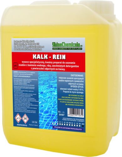 KALK-REIN - Wysoce specjalistyczny, kwaśny preparat do usuwania osadów z kamienia wodnego, rdzy, zaschniętych detergentów z powierzchni odpornych na kwasy. pH2 Pojemność Kod BA051-1L. 2518245 BA052-10L. 2518252